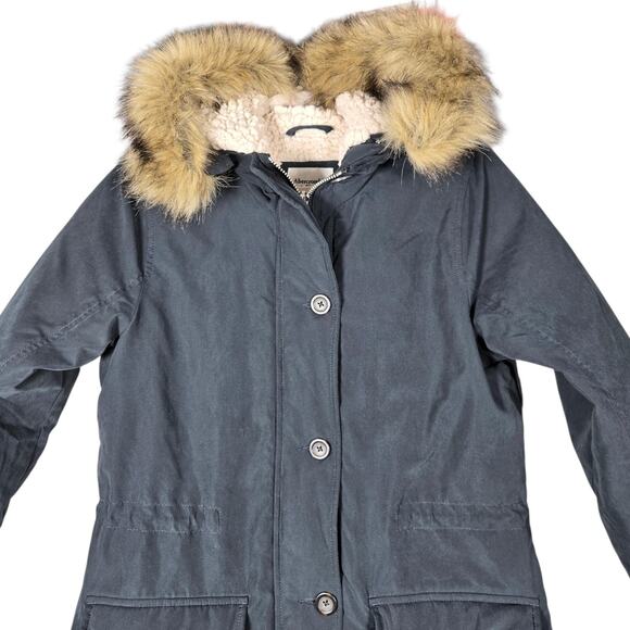 Abercrombie Fitch Womens M Navy Parka Coat Faux Fur Hood Sherpa Lined Jacket - Picture 2 of 12